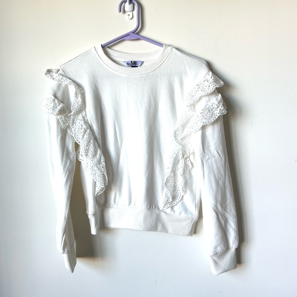 VVETTE White Ruffled Eyelet Crew Neck Sweatshirt—SZ. Small - Picture 13 of 14